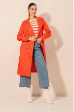 Women's Orange Double-Breasted Belted Unlined Seasonal Comfortable Trench Coat Hzl22s-bd158531