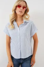 Chemise rayée à manches courtes pour femme 20324 - Bleue