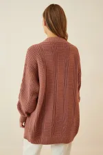 Women's Dusty Rose Hair Knitting Pattern Long Buttoned Casual Cut Knitwear Cardigan HZL23W-BD1100691