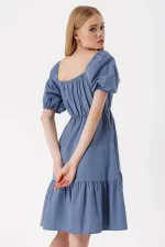 Kadın İndigo Büzgülü Yaka Lastikli Bel Kloş Poplin Elbise HZL22S-BD123511