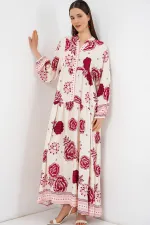 Kadın Desenli Uzun Tesettür Elbise 2585 - Bordo 1