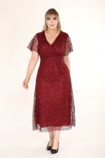 Kadın Bordo Büyük Beden Kruvaze Yaka Payetli Abiye Elbise HZL26S-PR11171
