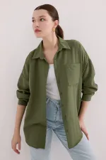 Chemise en lin oversize à poche unique 20153 - Kaki