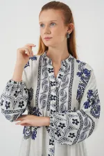 Kadın Desenli Uzun Tesettür Elbise 2585 - F.Lacivert