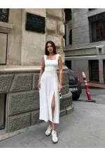 Kadın Beyaz Arkadan İp Bağlamalı Yırtmaç Detaylı Keten Elbise HZL25S-ZK11241