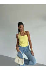 Kadın Sarı Ottoman Kumaş Halter Yaka Toka Detay Bluz HZL26W-FRY123321