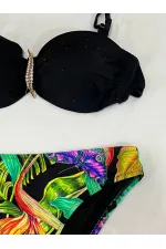 Kadın Siyah Taş İşlemeli Toka Aksesuarlı Astarlı Bikini Takım HZL25S-LC208