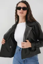 Women's Belted Faux Leather Jacket 1046 - Black
