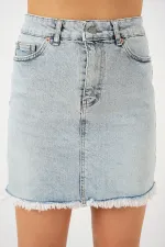 Jupe courte en jean à franges pour femme 8051 - Bleue