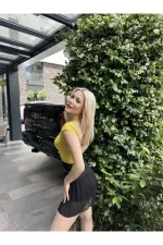 Kadın Fıstık Yeşili Sırt Dekolteli Kısa Kollu Bluz HZL24S-ZK10831