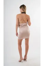 Kadın Bej Halter Yaka Saten Kumaş Sırt Dekolteli Mini Elbise HZL24S-YY262