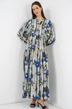 Kadın Desenli Uzun Tesettür Elbise 2585 - Koyu Gri