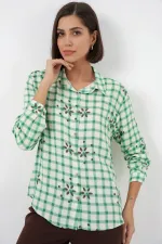 Women's Patterned Oversize Viscose Shirt 20371 - Green