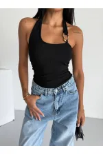 Kadın Siyah Ottoman Kumaş Halter Yaka Toka Detay Bluz HZL26W-BD123321