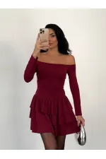 Women's Burgundy Strapless Neckline Layered Skirt Detail Mini Dress HZL25W-FRY123581