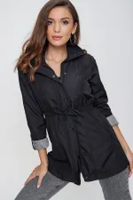 Trench-coat noir doublé pour femme avec cordon de serrage et poches détaillées à la taille HZL22W-BD156691