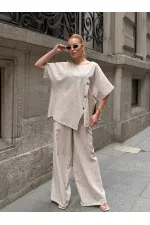 Kadın Krem Çizgili Düğme Detaylı Bluz Pantolon Keten İkili Takım HZL26S-VL14271 Kadın Krem Çizgili Düğme Detaylı Bluz Pantolon Keten İkili Takım HZL26S-VL14271