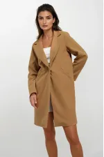 Kadın Hardal Tek Düğmeli Çift Cepli Astarlı Şık Kaşe Kaban HZL23W-BD190851