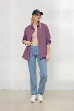 Kadın Koyu Lila Oversize Uzun Basic Gömlek HZL22W-BD139001