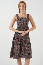 Robe midi à bretelles à motifs pour femme 2577 - Noire