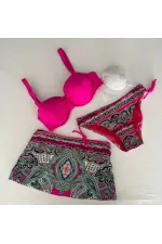 Kadın Fuşya Taş İşlemeli Desenli 3 Parça Bikini Takım HZL25S-LC3326
