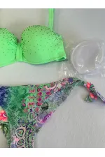Kadın Yeşil Taş İşlemeli 3 Parça Bikini Takım HZL25S-LC3315