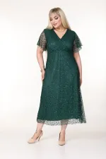 Kadın Zümrüt Yeşil Büyük Beden Kruvaze Yaka Payetli Abiye Elbise HZL26S-PR11171