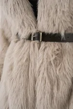 Women's Belted Oversize Fur Coat 9156 - Stone