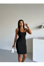 Women's Black Ottoman Fabric Halter Neck Buckle Detail Dress HZL26W-FRY123411