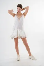 Kadın Ekru V Yaka İp Askılı Eteği Pileli Güpür Detaylı Elbise HZL24S-YY244