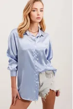 Chemise oversize fluide bleu glacier satinée pour femme HZL23S-BD139851