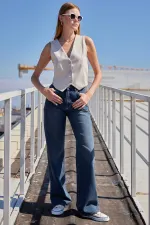 Kadın Krem Çizgili Düğmeli Astarsız Dokuma Yelek HZL24S-BD167941