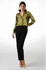 Kadın Yağ Yeşili Hafif Dökümlü Saten Yüzeyli Gömlek HZL22W-BD139641