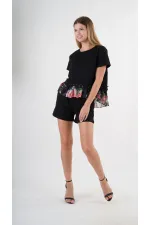 Kadın Siyah Dantel Çiçek Desenli Bisiklet Yaka Bluz HZL24S-YY256