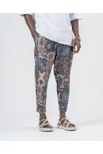 Pantalon de survêtement coupe droite à motif Kilim bleu camel pour homme, taille nouée, HZL24S-MXC8948-266