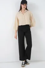 Kadın Çizgili Oversize Kısa Gömlek 20326 - Bej