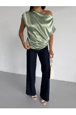 Kadın Çağla Yeşili Tek Omuz Asimetrik Kesim Saten Bluz HZL26W-FRY121171