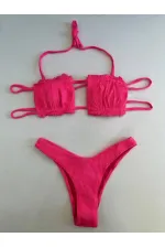 Kadın Pembe İp Bağlamalı Büzgülü Straplez Bikini Takım HZL25S-LC2226