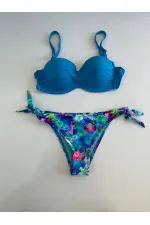 Kadın Mavi Taş İşlemeli Desenli Astarlı Bikini Takım HZL25S-LC203