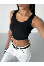 Kadın Siyah Fitilli Kaşkorse Crop Bluz HZL25S-FRY123171