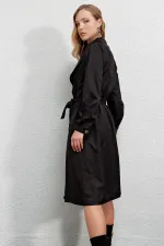 Trench-coat décontracté noir à double boutonnage pour femme, non doublé, avec ceinture, HZL22S-BD158531