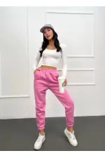 Pantalon de survêtement rose à poches et taille élastique pour femme, taille haute à 3 fils, HZL24W-ZK12321