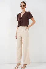 Kadın Kısa Kol Crop Bluz 958 - Kahverengi