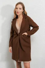 Manteau élégant en cachemire doublé, couleur chocolat, à un bouton et double poche, pour femme HZL23W-BD190851