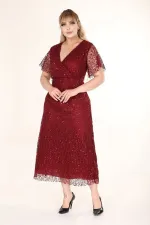 Kadın Bordo Büyük Beden Kruvaze Yaka Payetli Abiye Elbise HZL26S-PR11171
