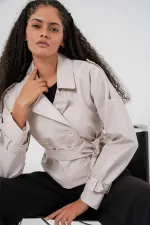 Women's Belted Faux Leather Jacket 1046 - Ecru