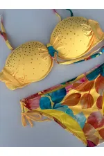 Ensemble bikini doublé brodé de pierres jaunes pour femme HZL25S-LC207