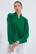 Chemisier drapé en satin vert émeraude pour femme, col cache-cœur, référence 0492