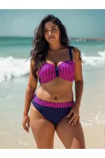 Kadın Fuşya Zincir Desenli Büyük Beden Astarlı Lacivert Bikini Takım HZL25S-LC3303