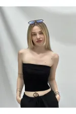 Kadın Siyah Katlamalı Straplez Bluz HZL24S-ZK11301